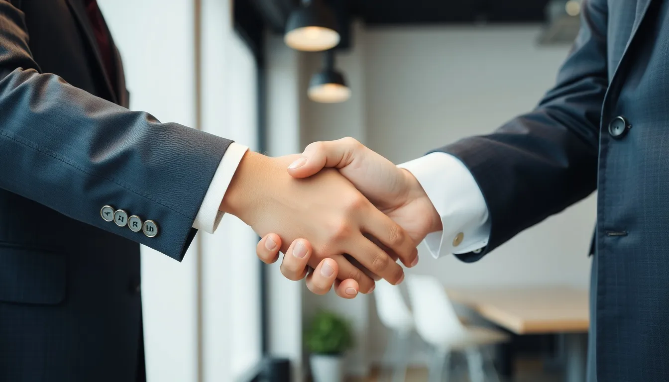 Nahaufnahme eines professionellen Handschlags als Symbol für Partnerschaft und Zusammenarbeit.